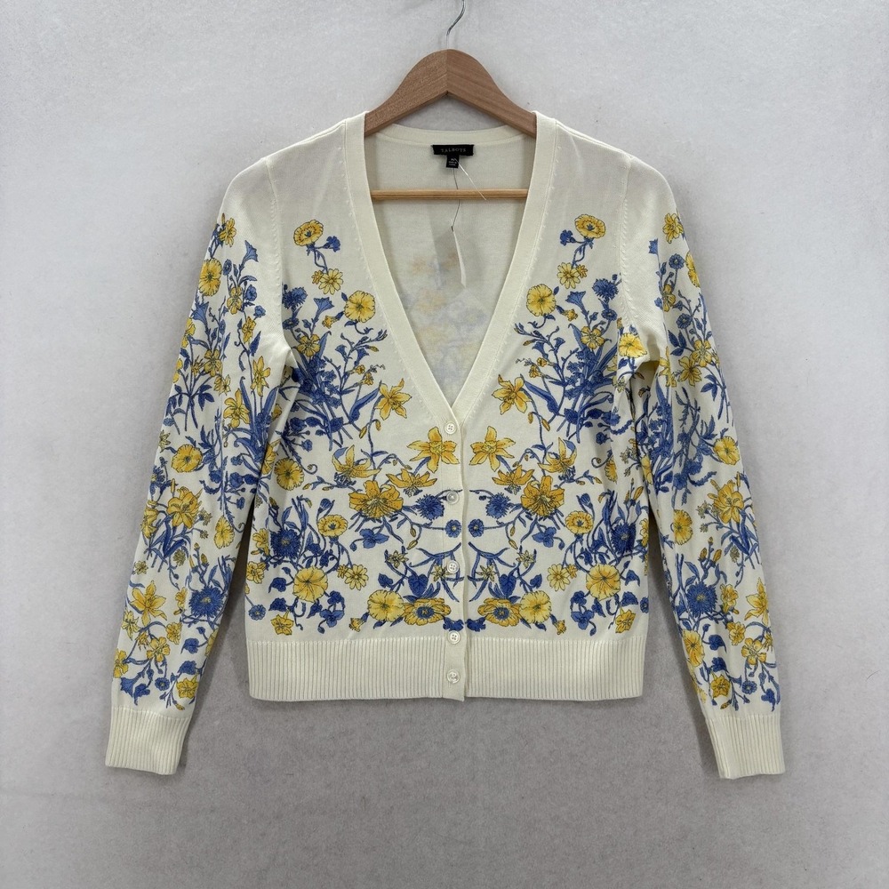 Talbots Cardigan Sweater Womens XS Yellow Blue Floral V Neck Button Front Knit